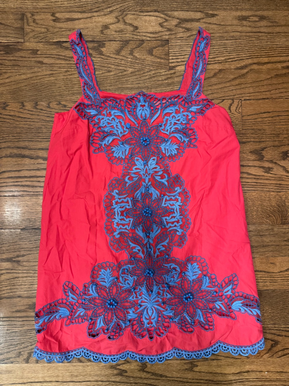 Anthropologie Red Embroidered Lace Tunic Tank Top Blue Floral Beaded Size 8